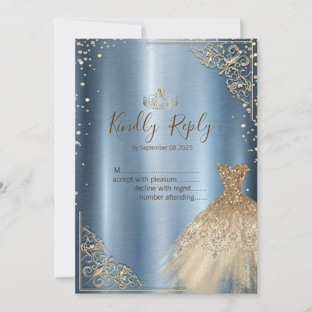 Invitación Vestido dorado Diamantes Azul RSVP (Anverso)