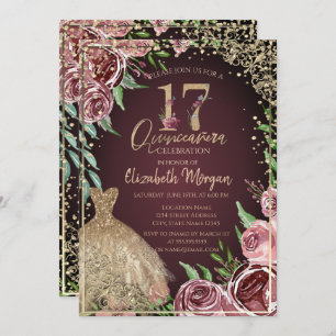 Invitación Vestido dorado Diamantes Borgoña Rosas Quinceañera