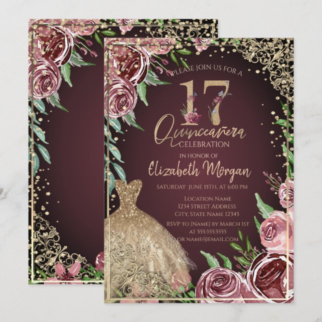 Invitación Vestido dorado Diamantes Borgoña Rosas Quinceañera (Anverso / Reverso)