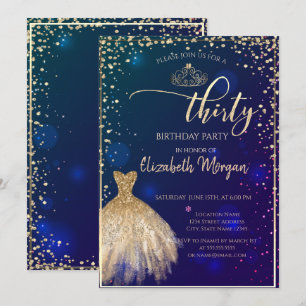 Invitación Vestido dorado, diamantes Fiesta de cumpleaños 30