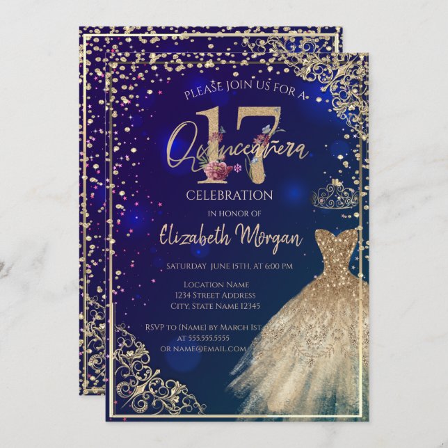 Invitación Vestido dorado Diamantes Floral Azul Quinceañera (Anverso / Reverso)