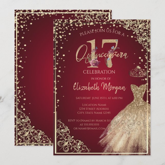 Invitación Vestido dorado Diamantes Floral Rojo Quinceañera (Anverso / Reverso)
