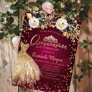Invitación Vestido dorado Diamantes Flores Borgoña Quinceañer