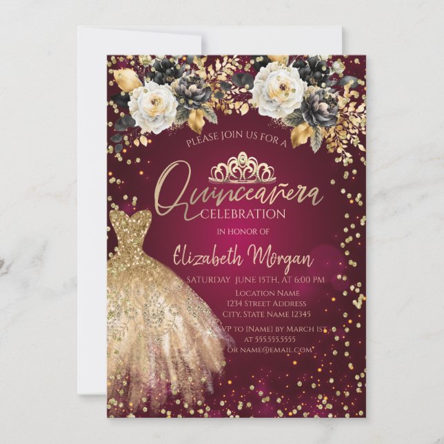 Invitación Vestido dorado Diamantes Flores Borgoña Quinceañer (Anverso)