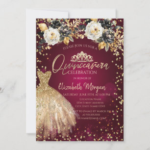 Invitación Vestido dorado Diamantes Flores Borgoña Quinceañer