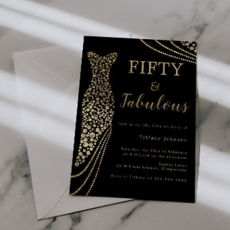 Invitación Vestido dorado elegante cincuenta y fabuloso cumpl