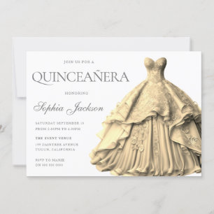 Invitación Vestido dorado encantado traje Quinceanera