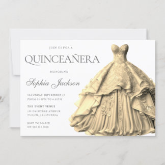 Invitación Vestido dorado encantado traje Quinceanera