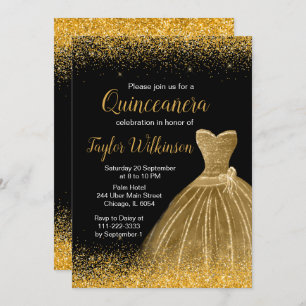 Invitación Vestido dorado Faux Purpurina Quinceanera