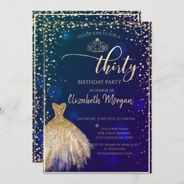 Invitación Vestido dorado, Fiesta de los Diamantes Azul 30 cu (Anverso / Reverso)