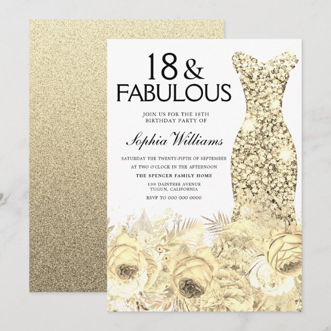 Invitación Vestido dorado Floral 18 y fabuloso cumpleaños 18 (Anverso / Reverso)