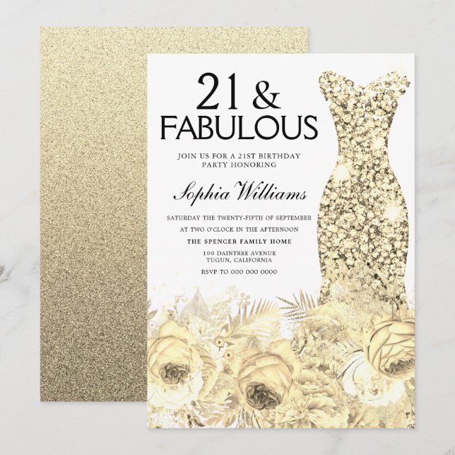 Invitación Vestido dorado Floral 21 y fabuloso cumpleaños 21 (Anverso / Reverso)