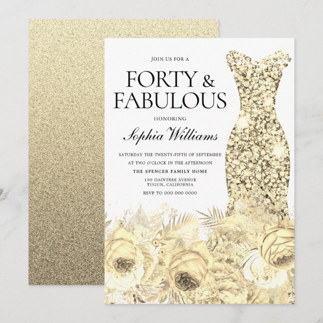 Invitación Vestido dorado Floral Cuarenta y fabuloso cumpleañ (Anverso / Reverso)