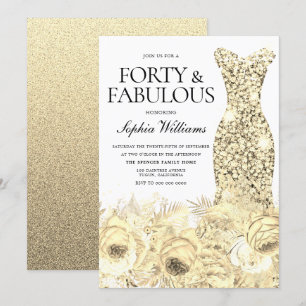 Invitación Vestido dorado Floral Cuarenta y fabuloso cumpleañ