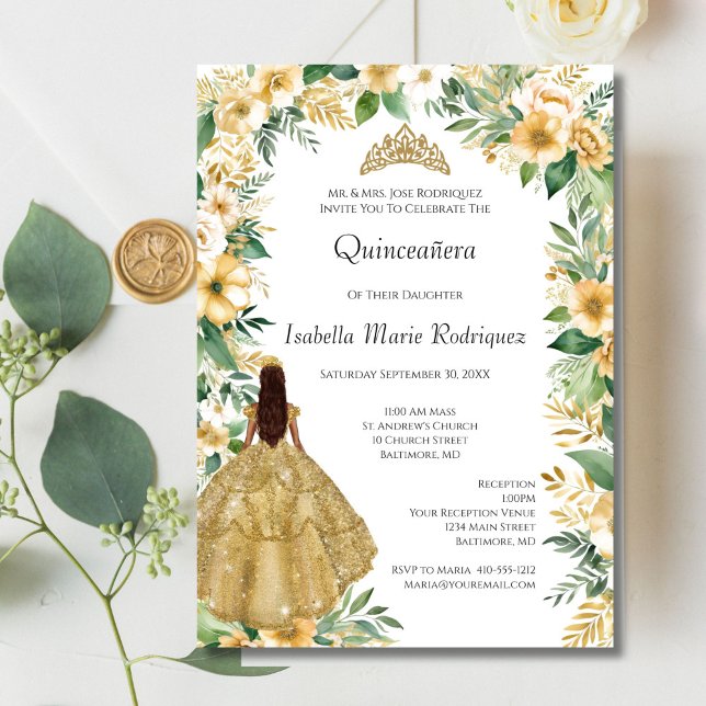 Invitación Vestido dorado Floral Elegante Quinceanera formal (Gold Dress, Gold Florals with Greenery Quinceanera Invitation)