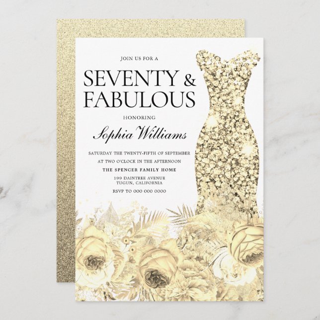 Invitación Vestido dorado Floral Setenta y fabuloso cumpleaño (Anverso / Reverso)