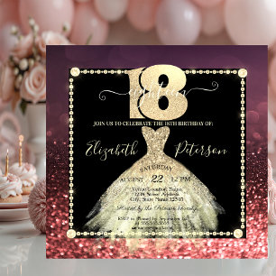 Invitación Vestido Dorado Glitter Burgundy Cumpleaños 18 Eleg