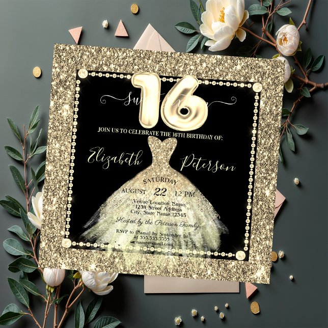 Invitación Vestido Dorado Glitter Chic Dulce 16 (Subido por el creador)