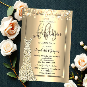 Invitación Vestido Dorado,Globos con Confeti Cumpleaños 50