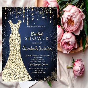 Invitación Vestido Dorado, Lluvia de Confeti Azul Oscuro para