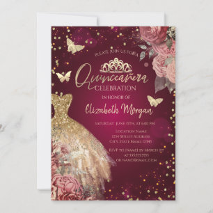 Invitación Vestido dorado, mariposas, flores rojas Quinceañer