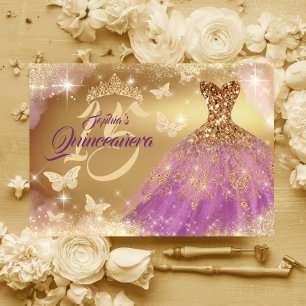 Invitación Vestido dorado púrpura de Quinceañera resplandecie