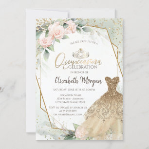 Invitación Vestido dorado, Quinceañera de acuarela verde con