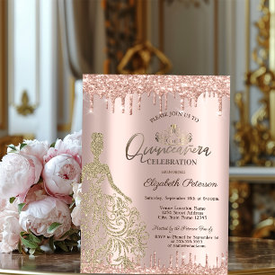 Invitación Vestido Dorado Rosa Dorado Brillo Gotitas Quinceañ