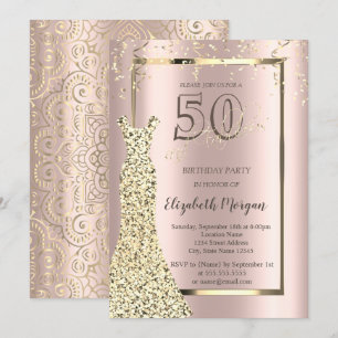 Invitación Vestido dorado Rosa Dorado,Mandala dorado Cumpleañ