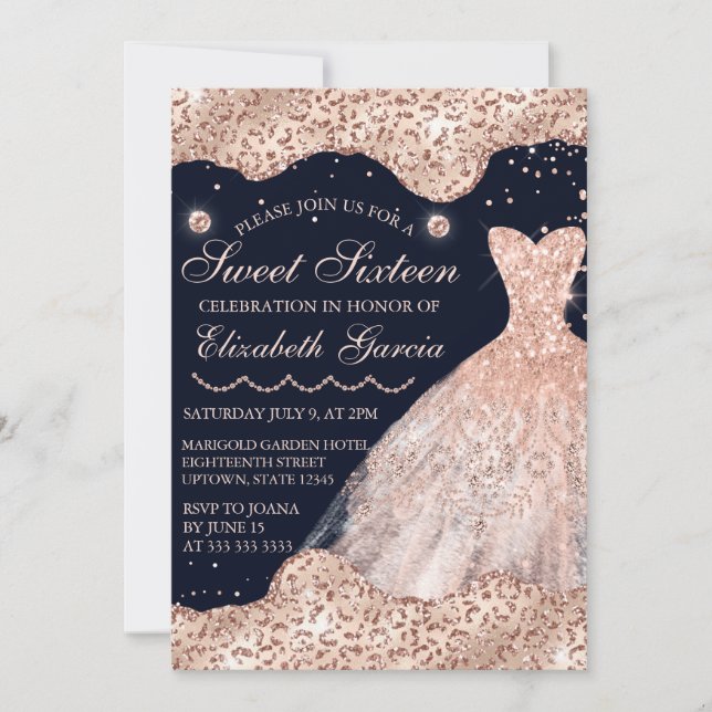 Invitación Vestido dorado Rosa y bordes de vidrio dulce 16 (Anverso)