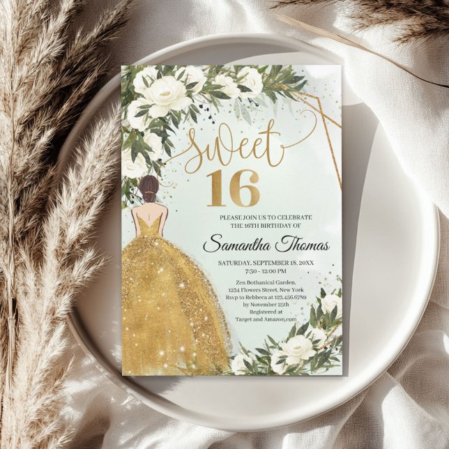 Invitación Vestido dorado rosas blancas verde oliva (Gold dress white roses greenery olive foliage invitation)