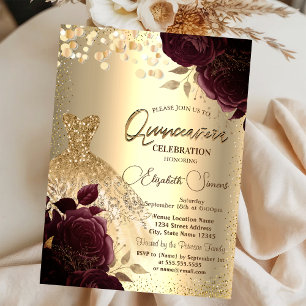 Invitación Vestido Dorado Rosas Burgundy Quinceañera
