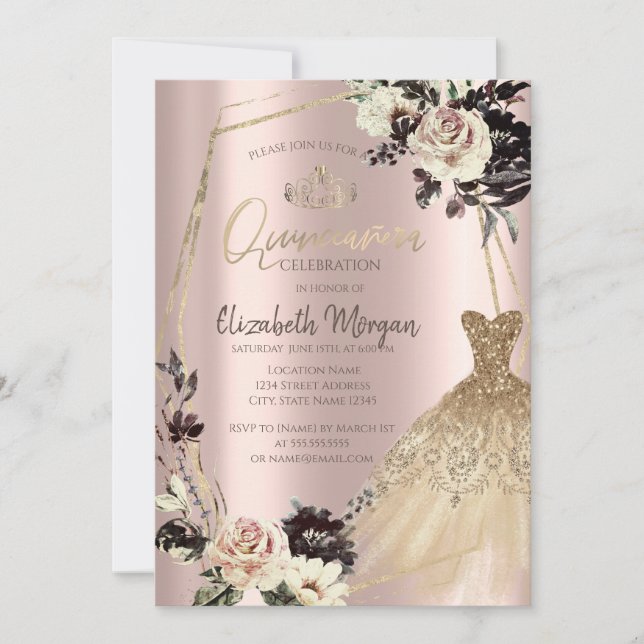 Invitación Vestido dorado, Rosas de marco, oro Rosa de diaman (Anverso)