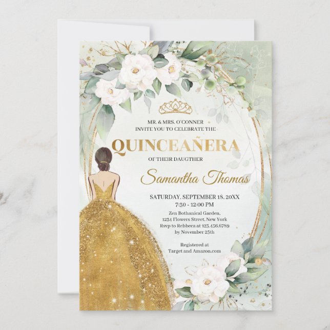 Invitación Vestido dorado tiara corona rosa blanca vegetación (Anverso)