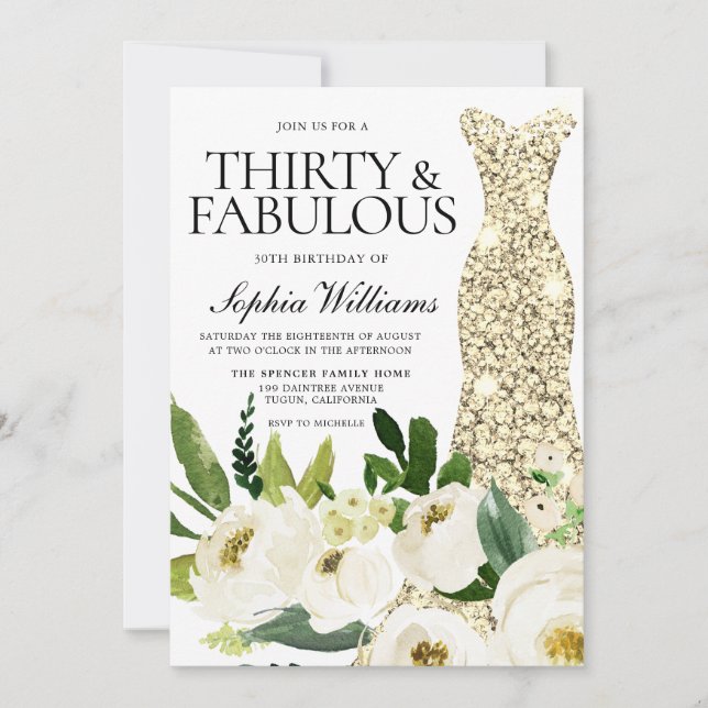 Invitación Vestido dorado Treinta y fabuloso cumpleaños númer (Anverso)