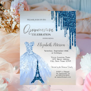 Invitación Vestido, Eiffel Tower Quinceañera, gotas de purpur