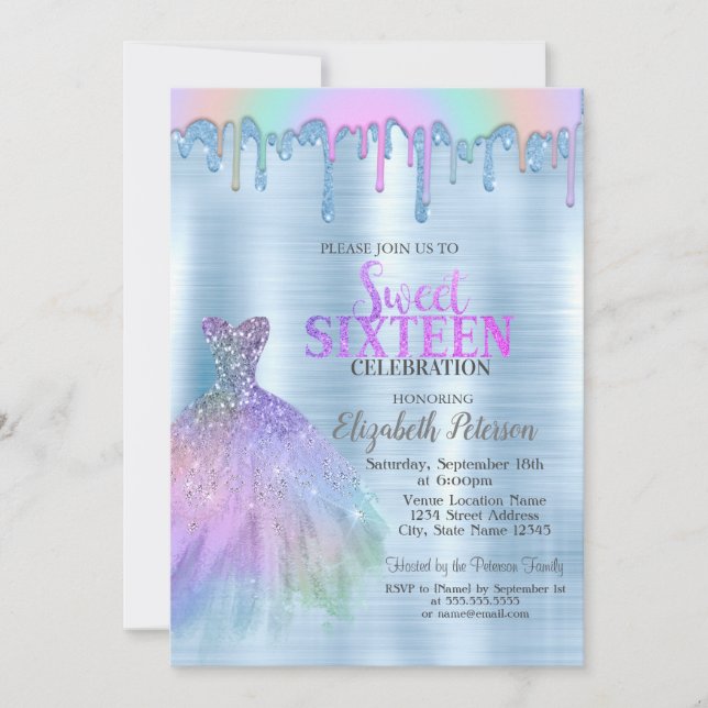 Invitación Vestido elegante arco iris gotea metal azul (Anverso)