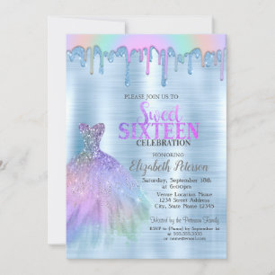 Invitación Vestido elegante arco iris gotea metal azul