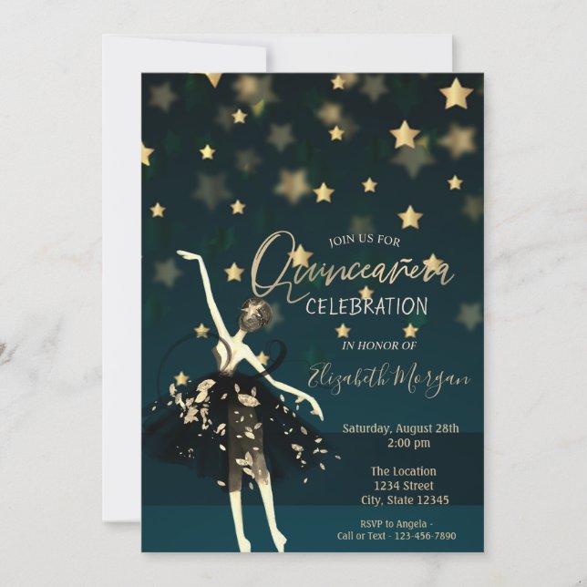 Invitación Vestido elegante Ballerina Estrellas Quinceañera (Anverso)
