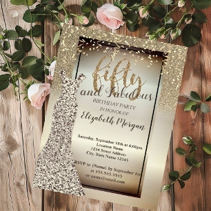 Invitación Vestido Elegante con Brillo, Fiesta de Cumpleaños