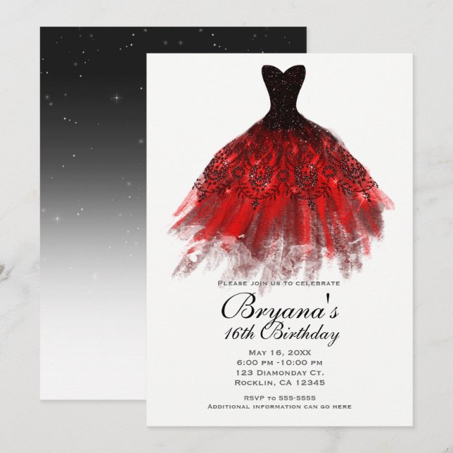 Invitación Vestido elegante con brillo rojo negro Cumpleaños (Anverso / Reverso)