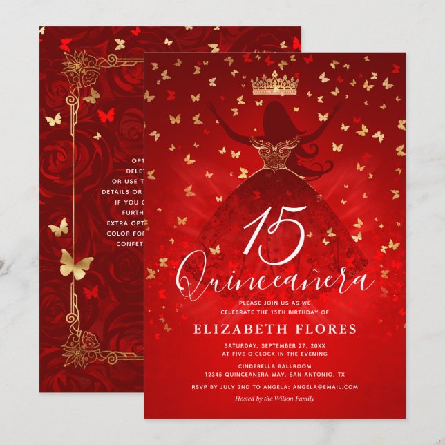 Invitación Vestido elegante Crown Red and Gold Quinceanera (Anverso / Reverso)
