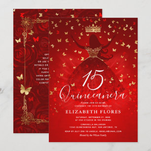 Invitación Vestido elegante Crown Red and Gold Quinceanera