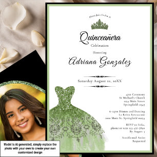 Invitación Vestido elegante cumpleaños 15 años verde salvia Q