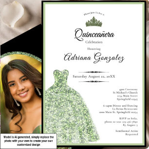 Invitación Vestido elegante cumpleaños 15 años verde salvia Q