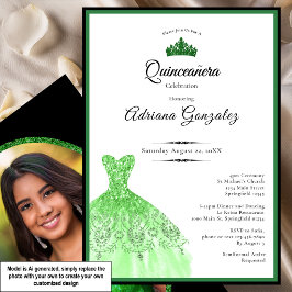 Invitación Vestido elegante Cumpleaños 15 Quinceañera verde
