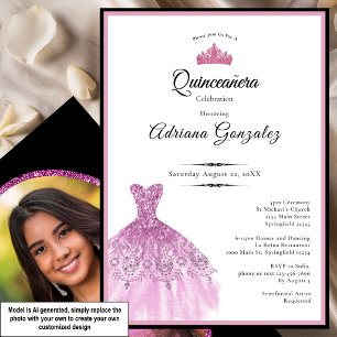 Invitación Vestido elegante cumpleaños 15 rosa Quinceanera