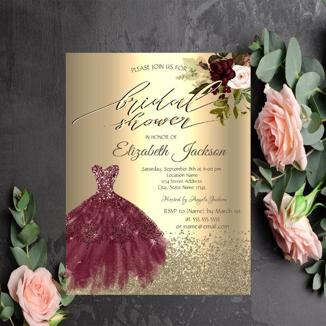 Invitación Vestido elegante de diamantes de oro, ducha de flo (Subido por el creador)