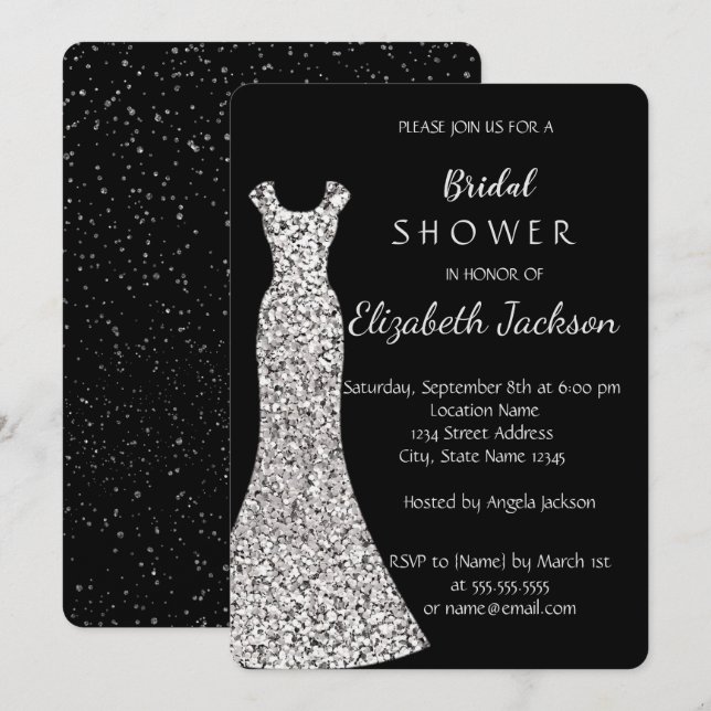 Invitación Vestido elegante de Moda plateado,Ducha nupcial Co (Anverso / Reverso)