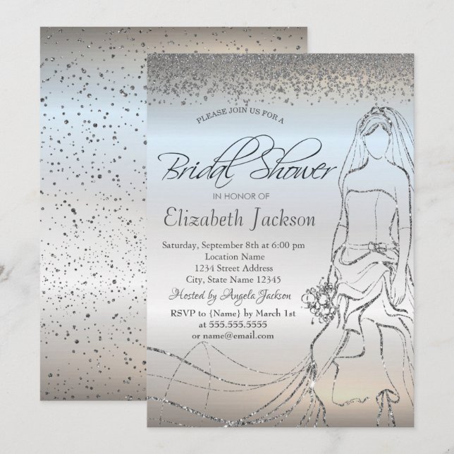 Invitación Vestido elegante de novia plateado, ducha de novia (Anverso / Reverso)